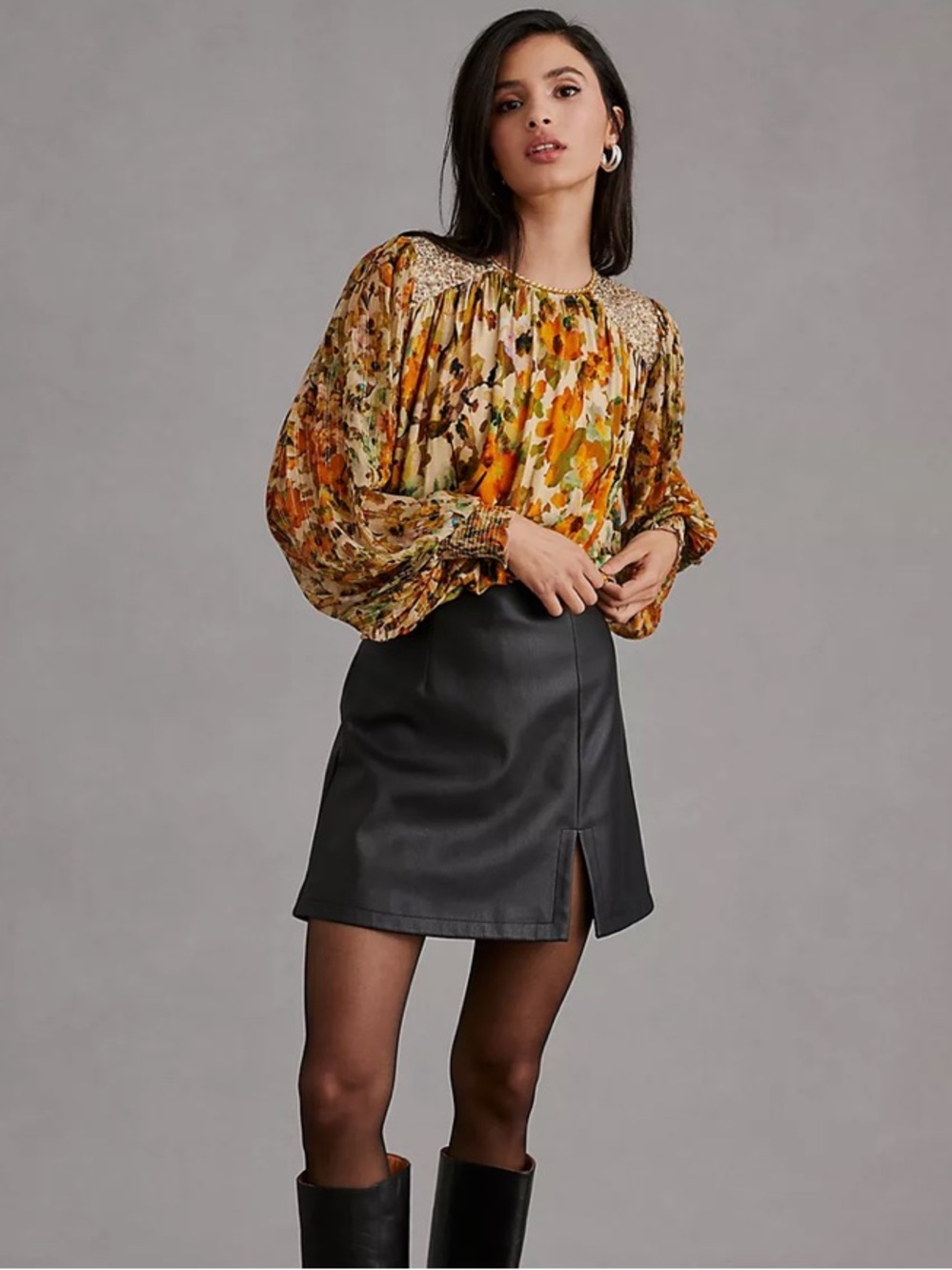 Anthropologie Bl-nk S Sequin threaded Embellished Floral Peasant blouse